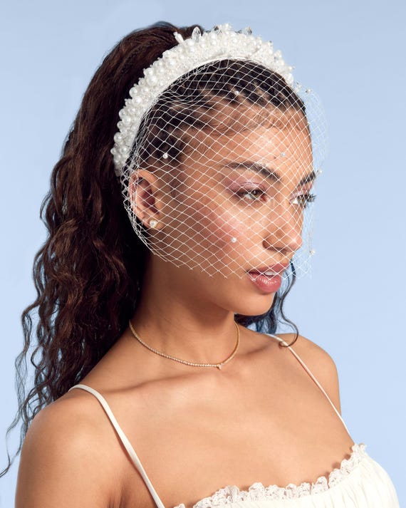 Elegant Pearl Beaded Bridal Headband with Birdcage Veil | Bachelorette & Wedding Pearl Birdcage Veil, Bridal Headband, Wedding Face Veil  main image 3