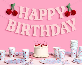 xo, Fetti Happy Birthday Cherry Banner - Pink Glitter, 6.5 Ft. | 3D Cherry Garland, Bday Decoration, Accordion Party Sign, Pop Up Backdrop