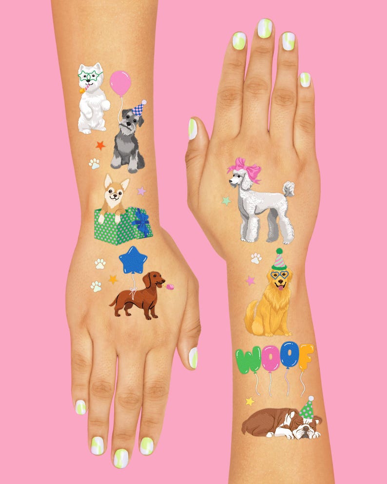 Tatuajes temporales de perros para niños: 42 estilos con brillantina / Artículos para cumpleaños de animales, regalos para fiestas de mascotas, manualidades para niños imagen 5