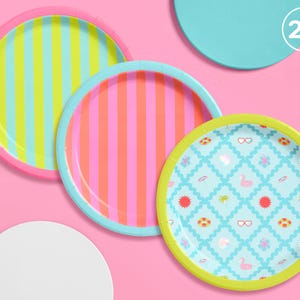 May include: A collection of colorful paper plates with various designs. One plate has vertical stripes in yellow and light blue with a pink border. Another has pink and orange stripes with a light blue border. A third plate has a blue pattern with summer-themed icons.