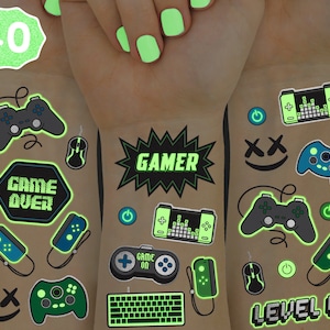 Video Game Party Supplies Temporary Tattoos - 40 Glow in the Dark Styles | Videogame Birthday, Controller, Computer Keyboard, Gamer, Arcade