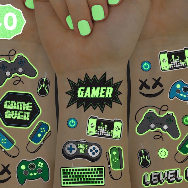 Video Game Party Supplies Temporary Tattoos - 40 Glow in the Dark Styles | Videogame Birthday, Controller, Computer Keyboard, Gamer, Arcade