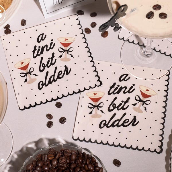 xo, Fetti A Tini Bit Older Napkins 3 ply 25 pcs | Cocktail Tini Bit Older Birthday Party Tablescape Extra Dirty Polka Dots Espresso Martinis