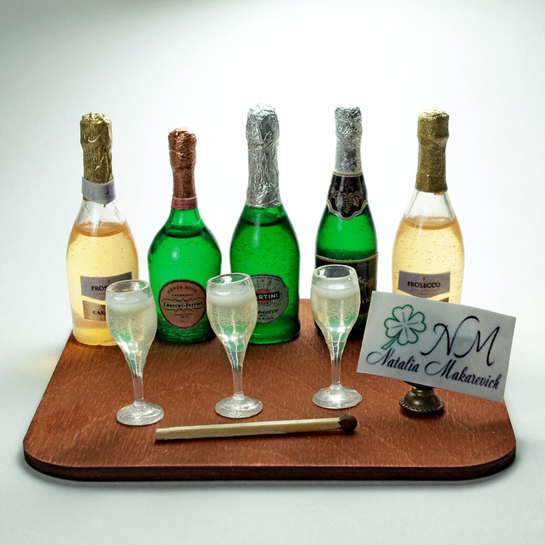 Miniature green Champagne bottles dollhouseTiny alcohol