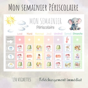 Peut inclure: Un planificateur hebdomadaire coloré intitulé "MON SEMAINIER PÉRISCOLAIRE" avec le texte "130 VIGNETTES". Le planificateur présente des illustrations d'un soleil, de nuages et d'un éléphant, avec des icônes d'activités quotidiennes.