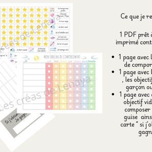 Pode incluir: Um conjunto de tabelas de comportamento em formato PDF com uma grelha com colunas coloridas para os dias da semana, uma folha de autocolantes de estrelas amarelas e um cart&atilde;o com o texto Si j'obtiens, je gagne.