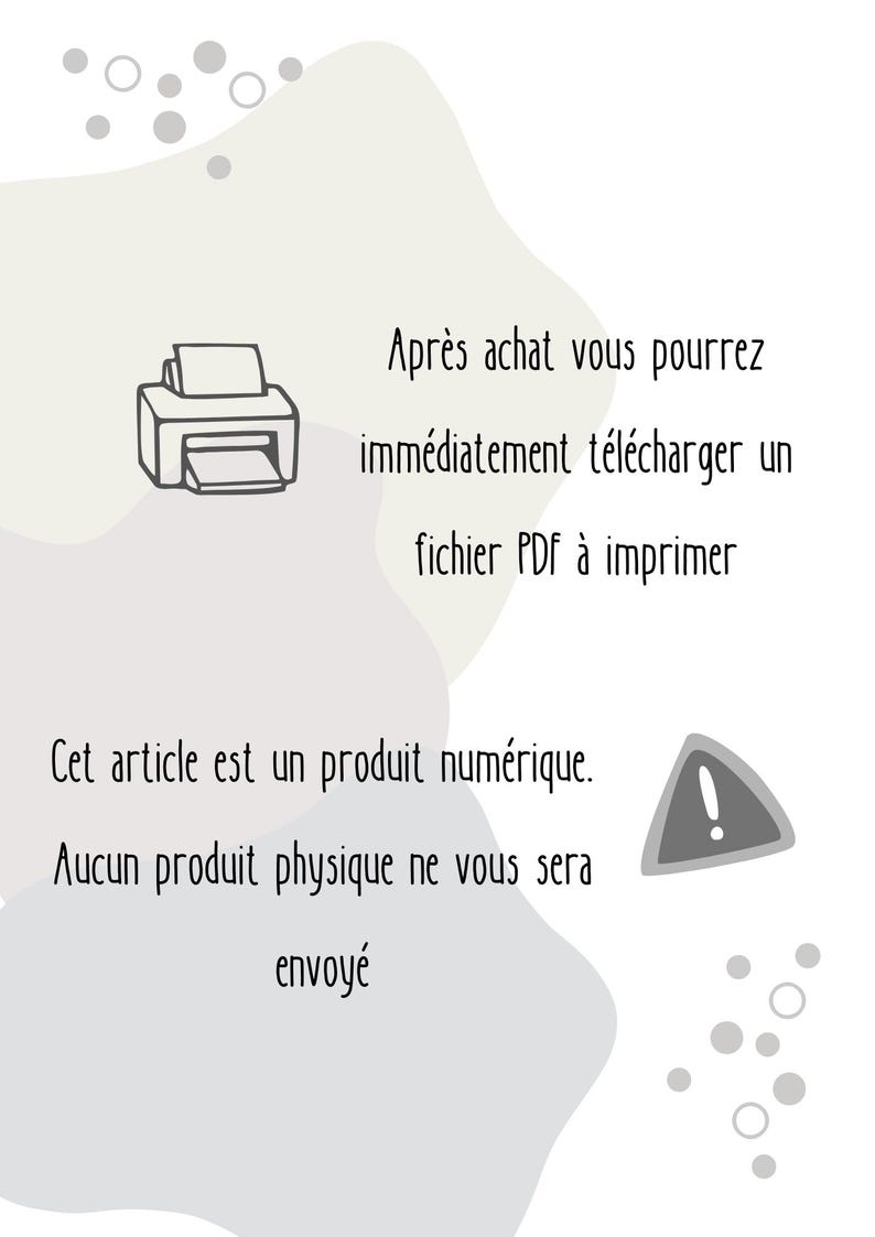 Pode incluir: Um aviso de download digital com um &iacute;cone de impressora e um tri&acirc;ngulo de aviso. O texto diz: Apr&egrave;s achat vous pourrez imm&eacute;diatement t&eacute;l&eacute;charger un fichier PDF &agrave; imprimer. Cet article est un produit num&eacute;rique. Aucun produit physique ne vous sera envoy&eacute;.