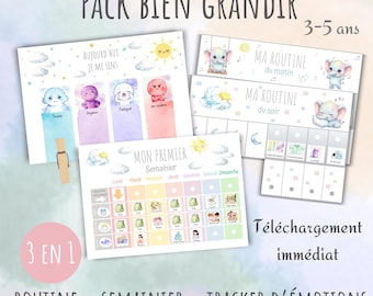 May include: A set of children's educational printables with the text "PACK BIEN GRANDIR" and "3-5 ans". The set includes a daily routine chart, a weekly calendar, and an emotion tracker. The printables feature illustrations of elephants, suns, and clouds.