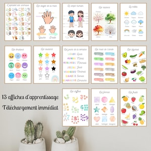 Peut inclure: Ensemble de 13 affiches éducatives en français, traitant de l'alphabet, des parties du corps, des émotions, des couleurs, des jours de la semaine, des mois, des légumes, des chiffres, des formes et des fruits. Les affiches sont dans une pièce avec des cactus.