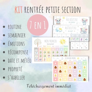 May include: A digital educational kit for children featuring pastel-colored charts and trackers. The set includes routines, a weekly planner, emotion and reward charts, date and weather trackers, and potty training guides, all decorated with cute elephant illustrations.