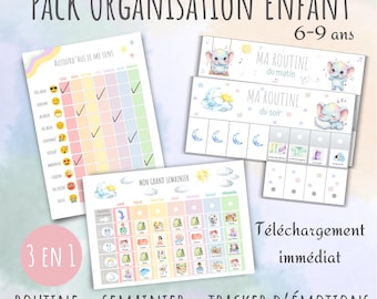 May include: A digital organization pack for children aged 6-9 featuring a weekly planner, morning and evening routine charts with elephant illustrations, and an emotion tracker with emoji icons. The text includes "PACK ORGANISATION ENFANT", "MA ROUTINE", "MON GRAND SEMAINTER", and "3 EN 1".