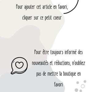 Pode incluir: Um gr&aacute;fico branco e cinza claro com formas abstratas e pontos. O texto diz: Pour ajouter cet article en favori, cliquer sur ce petit coeur. Abaixo, um &iacute;cone de cora&ccedil;&atilde;o e o texto: Pour &ecirc;tre toujours inform&eacute; des nouveaut&eacute;s et r&eacute;ductions, n'oubliez pas de mettre la boutique en favori.