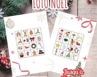 May include: Two Christmas-themed bingo cards with festive illustrations, including a gingerbread house, Santa Claus, and a Christmas tree. The words "LOTO NOËL" are at the top. The text "Téléchargement immédiat" and "Jusqu'à 30 joueurs" are also visible.