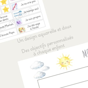 Pode incluir: Um quadro de recompensas com ilustra&ccedil;&otilde;es em aguarela de estrelas amarelas, um sol e nuvens. A grelha inclui texto em franc&ecirc;s como Je ne crie pas, Je mange seul, Je brosse mes dents, Je suis propre, J'&eacute;coute Maman, J'&eacute;coute Papa e J'ai &eacute;t&eacute; sage &agrave; l'&eacute;cole.