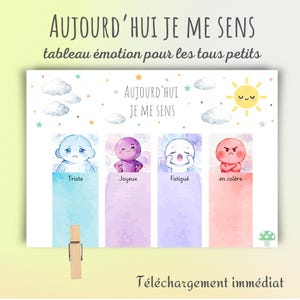 May include: A rectangular emotion chart titled "Aujourd'hui je me sens" featuring four cartoon characters representing sadness, joy, fatigue, and anger in blue, purple, white, and red. The chart includes clouds, a sun, stars, and a wooden clip.