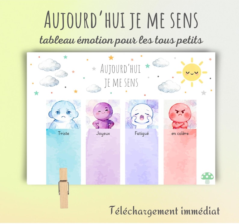 May include: A rectangular emotion chart titled "Aujourd'hui je me sens" featuring four cartoon characters representing sadness, joy, fatigue, and anger in blue, purple, white, and red. The chart includes clouds, a sun, stars, and a wooden clip.