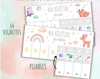 May include: Two printable routine charts featuring watercolor illustrations of an owl, a deer, a rainbow, and stars. The text reads ROUTINE DU MATIN ET DU SOIR, MA ROUTINE du soir, MA ROUTINE du matin, 64 VIGNETTES, PLIABLES, and Téléchargement immédiat.