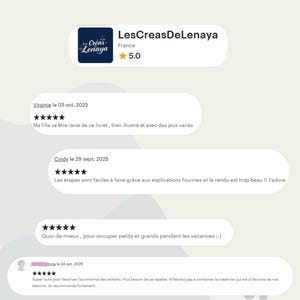 May include: A digital graphic featuring the text Ce sont eux qui en parlent le mieux, displaying a shop profile for LesCreasDeLenaya with a 5.0 star rating and four customer reviews, each accompanied by five stars and written in French.