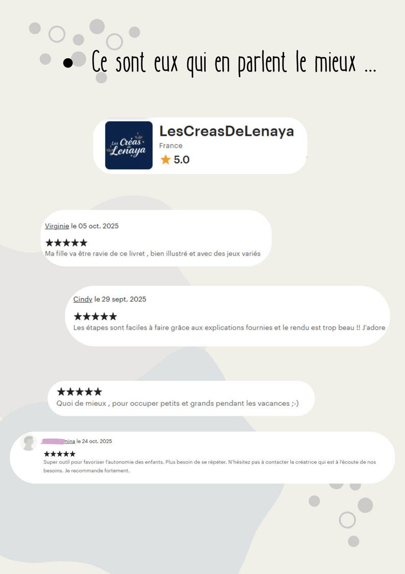 May include: A digital graphic featuring the text Ce sont eux qui en parlent le mieux, displaying a shop profile for LesCreasDeLenaya with a 5.0 star rating and four customer reviews, each accompanied by five stars and written in French.