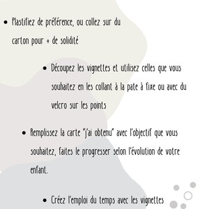 Pode incluir: Um documento de instru&ccedil;&otilde;es branco com formas abstratas cinzentas e detalhes circulares. O texto em franc&ecirc;s fornece passos para imprimir, plastificar, recortar vinhetas, usar um cart&atilde;o de progresso e criar um hor&aacute;rio di&aacute;rio.