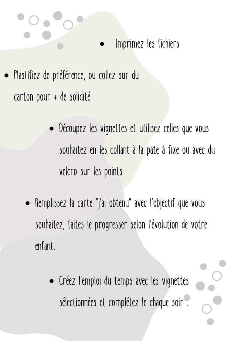 Pode incluir: Um documento de instru&ccedil;&otilde;es branco com formas abstratas cinzentas e detalhes circulares. O texto em franc&ecirc;s fornece passos para imprimir, plastificar, recortar vinhetas, usar um cart&atilde;o de progresso e criar um hor&aacute;rio di&aacute;rio.