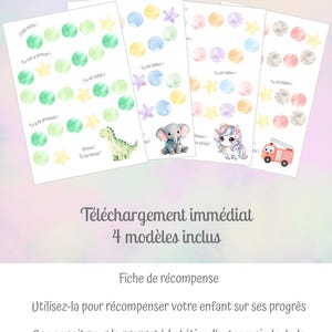 May include: Four reward chart sheets featuring watercolor circles and stars in green, blue, purple, orange, and pink. Each sheet includes illustrations of a dinosaur, elephant, unicorn, and fire truck, with French text including Fiches de r&eacute;compense.