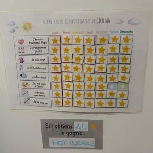 Pode incluir: Um quadro de comportamento intitulado Le Tableau de Comportement de Giulian com colunas para os dias da semana e linhas de tarefas com &iacute;cones. Adesivos de estrelas amarelas est&atilde;o colocados na grade. Abaixo h&aacute; um sinal de recompensa dizendo Si j'obtiens 40 &eacute;toiles je gagne Hot Wheels.