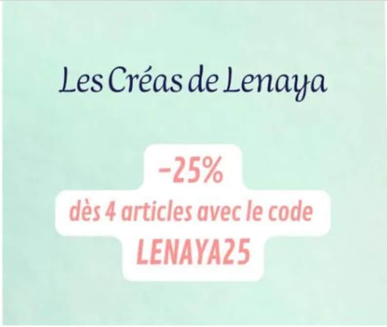Pode incluir: Um gr&aacute;fico verde menta claro com texto azul escuro lendo Les Cr&eacute;as de Lenaya, e uma forma branca contendo texto rosa que diz -25% d&egrave;s 4 articles avec le code LENAYA25, centralizado no fundo verde menta claro s&oacute;lido.