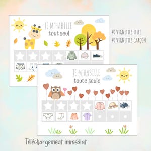 May include: Two printable charts with the text "JE M'HABILLE tout seul" and "JE M'HABILLE toute seule". The charts feature illustrations of a giraffe, owl, sun, clouds, and clothing items. The text "Téléchargement immédiat" is at the bottom.