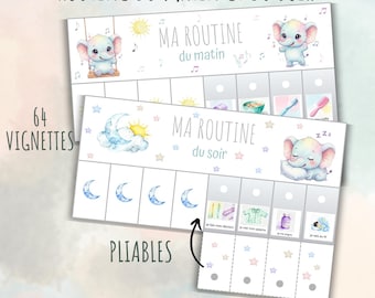 May include: A printable routine chart set featuring two horizontal sheets titled ROUTINE DU MATIN ET DU SOIR. The charts include watercolor illustrations of blue elephants, suns, and moons, with 64 small square vignettes for daily tasks.