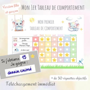 Pode incluir: Um quadro de comportamento intitulado Mon 1er Tableau de Comportement com ilustrações de elefantes, um sol, nuvens e uma libélula. A grade inclui os dias da semana, tarefas e adesivos de estrelas amarelas.