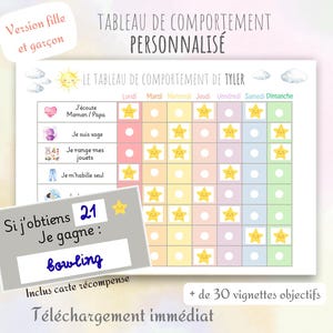 Può includere: Un grafico comportamentale personalizzato con il testo "TABLEAU DE COMPORTEMENT PERSONNALISÉ" e "LE TABLEAU DE COMPORTEMENT DE TYLER". Il grafico include spazi per compiti quotidiani e ricompense, con la parola "bowling" come ricompensa. Include icone di sole, nuvole e stelle.