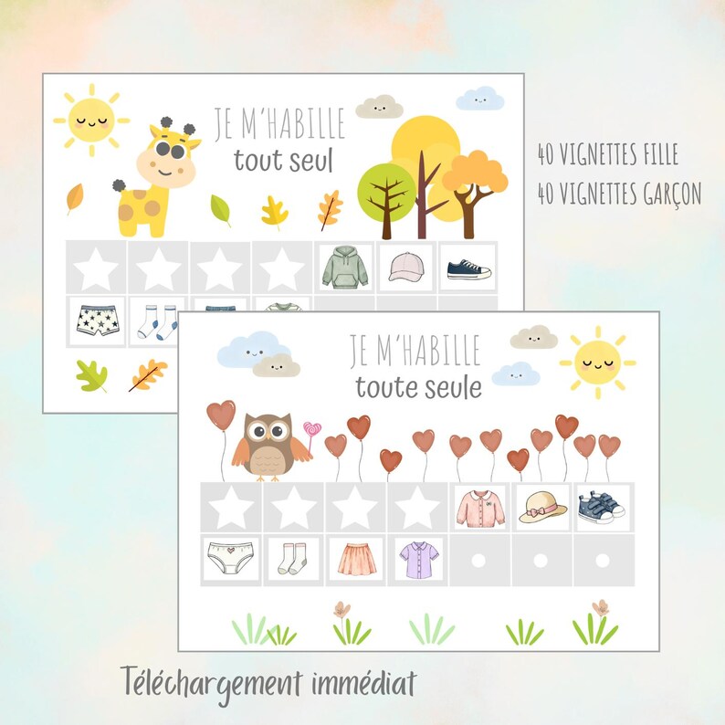 May include: Two rectangular charts featuring cartoon animals, trees, and suns. One chart says JE M'HABILLE tout seul with a giraffe, the other says JE M'HABILLE toute seule with an owl. Both include rows of stars, clothing icons, and text 40 VIGNETTES FILLE 40 VIGNETTES GAR&Ccedil;ON.