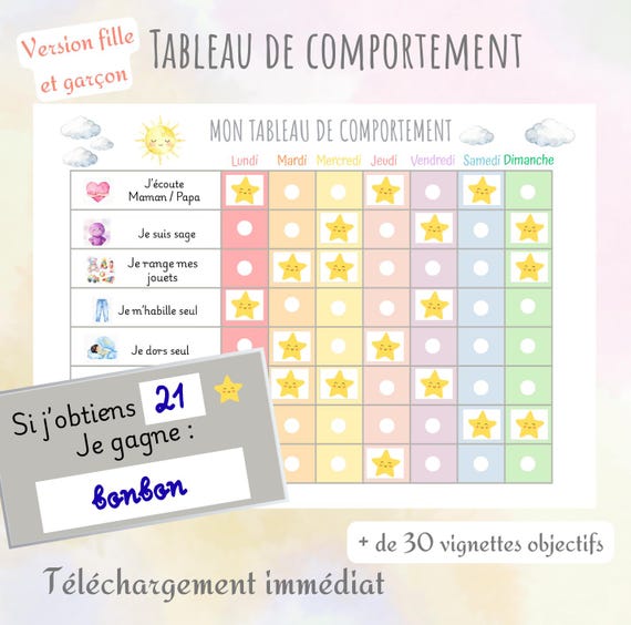 Tableau de comportement enfant à imprimer – Routine et récompenses – PDF A4 – Outil parentalité positive