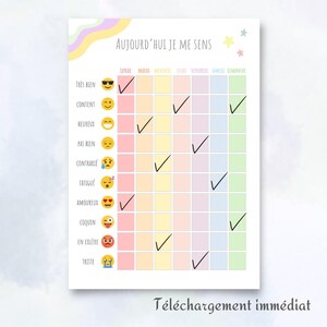 Peut inclure: Un tableau imprimable intitulé "AUJOURD'HUI JE ME SENS" avec une grille pour suivre les sentiments quotidiens. Le tableau présente des emojis représentant diverses émotions, avec des coches indiquant les sentiments pour chaque jour de la semaine. Le texte "Téléchargement immédiat" est en bas.