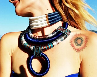 Blue African Necklace, Tribal necklace, Urban Necklace, Gift for her, Bohemian Necklace, Rope Beach Necklace, Ethnic, Hippie Necklace,