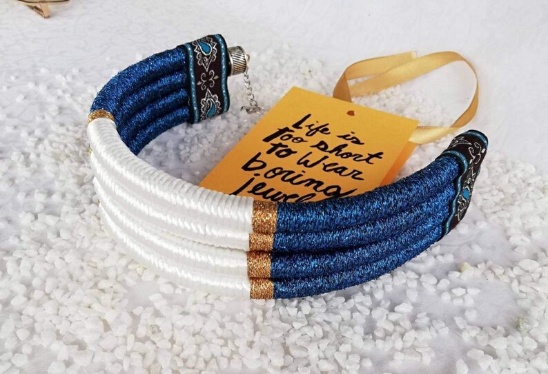 Christmas Gift for her Boho Jewelry Rope Necklace African Necklace Big Blue Choker Necklace Hippie Beach Jewellery Nautical Necklace