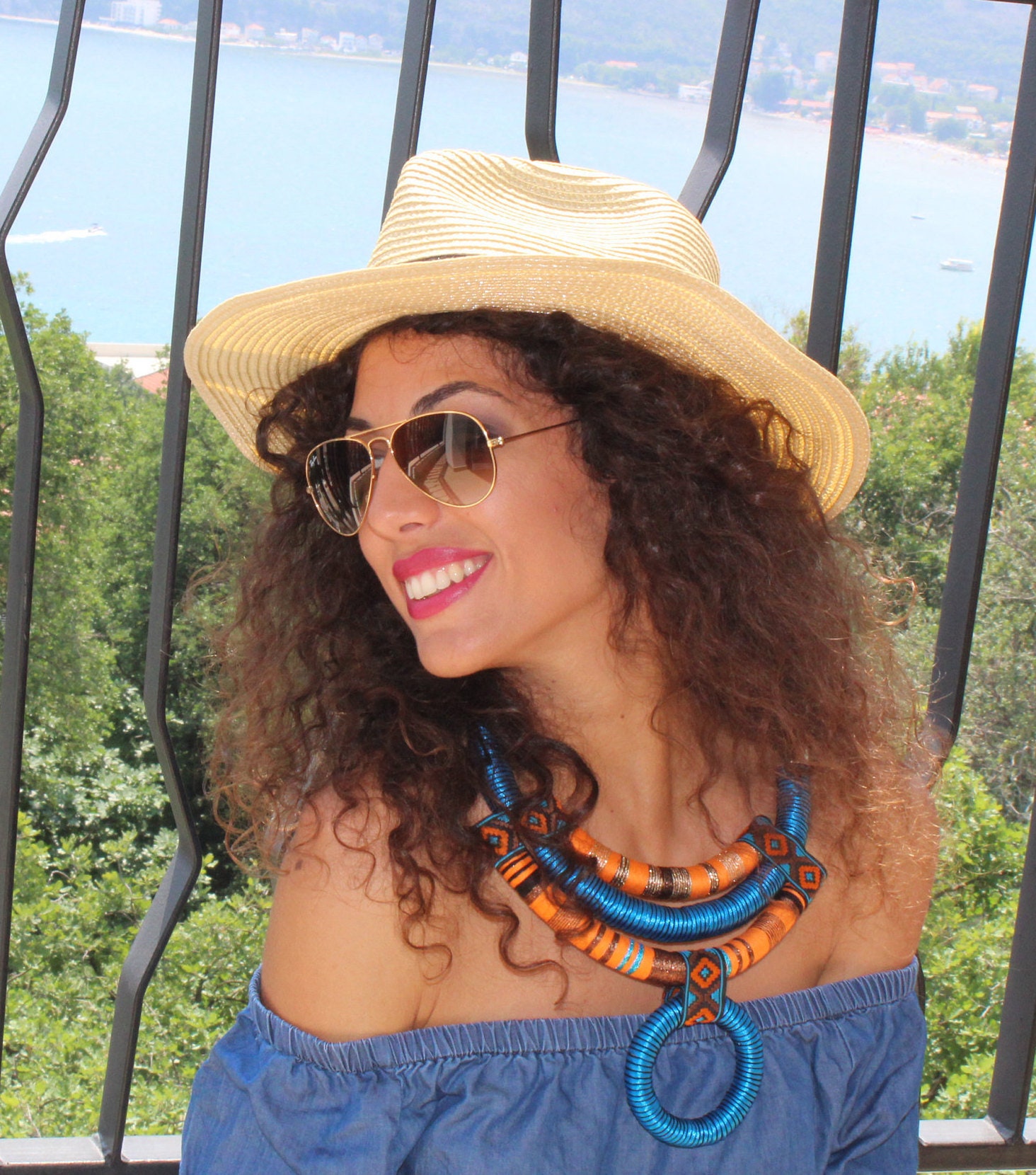 Blue African necklace, Big Tribal Necklace on Sale, Boho, Beach necklace, Festive Pendant necklace, Hippie jewelry, Christmas Woman Gift