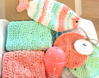 Coastal Spa Gift Box: Handmade Crocheted Cotton Washcloths & Candle