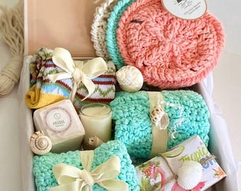 Ocean Spa Gift Box | Crocheted Sand Dollar Scrubbies, Sea Wave Washcloths, Shower Steamer