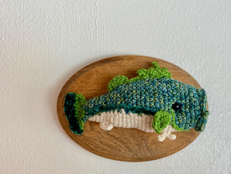 May include: A handcrafted crochet fish in teal and green, mounted on an oval wooden plaque. The fish has detailed stitching, a white belly, and black eyes. This unique artwork is a handcrafted wall decor piece.