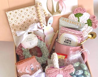 Handmade Easter Gift Set: Crochet Basket, Coffee, Tea & Treats