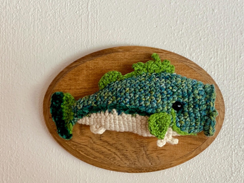 May include: A crochet fish wall hanging. The fish is blue, green, and white, mounted on an oval wooden plaque. The fish has a detailed design with fins and a tail. The background is a plain white wall.