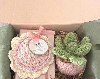 Crochet Self Care Gift Set with Journal | Handmade Succulent, Face Scrubbies