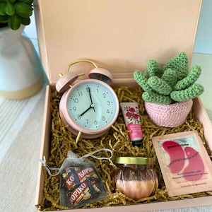 Pink Self-Care Gift Box: Crochet Succulent, Vintage Alarm Clock, Rose Hand Cream