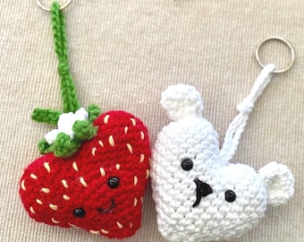 Crochet Strawberry & Bear Keychain Set • Kawaii Amigurumi Bag Charms