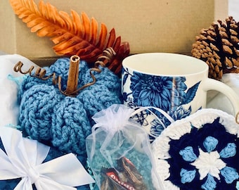 Blue Fall Gift Box with Handmade Crochet Pumpkin, Mug & Cozy Socks