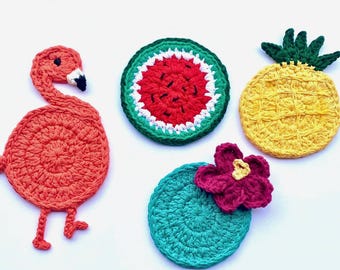 Tropical Crochet Coaster Set – Flamingo, Watermelon, Pineapple & Hibiscus – Summer Cotton Coasters – Handmade Coastal Decor