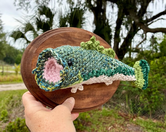 Crochet Bass Fish Wall Art, Stained Wood Plaque, Lake House Decor