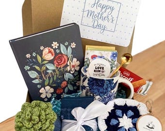 Blue Floral Mug Self-Care Set, Handmade Crochet Coaster, Journal, Tea, Socks